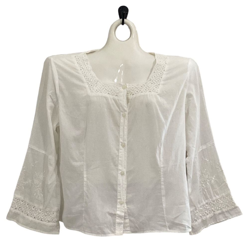 NY&Co sheer white cotton crochet embroidered blouse